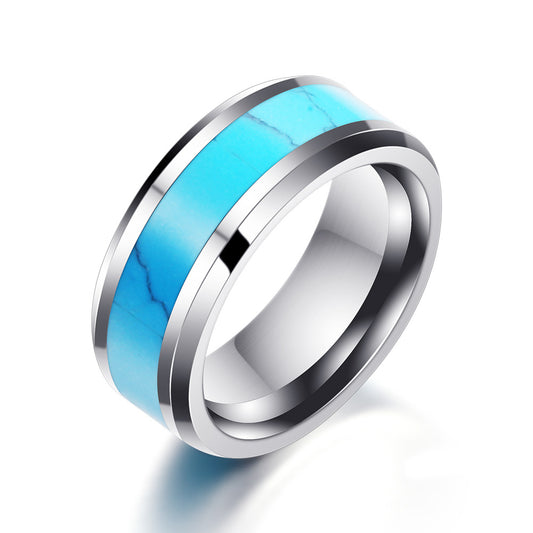 8MM stainless steel natural turquoise fashion ring all-match personality ring